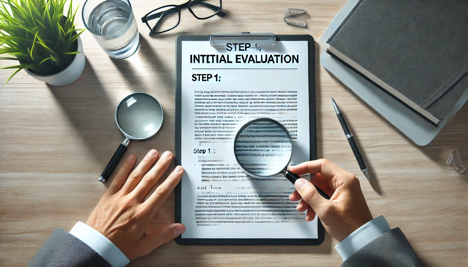 DALL·E 2025-02-23 23.52.15 – A professional image representing ‘Step 1_ Initial Evaluation’. A sleek, modern desk with handwritten documents being analyzed, a magnifying glass, an pericia caligráfica profesional