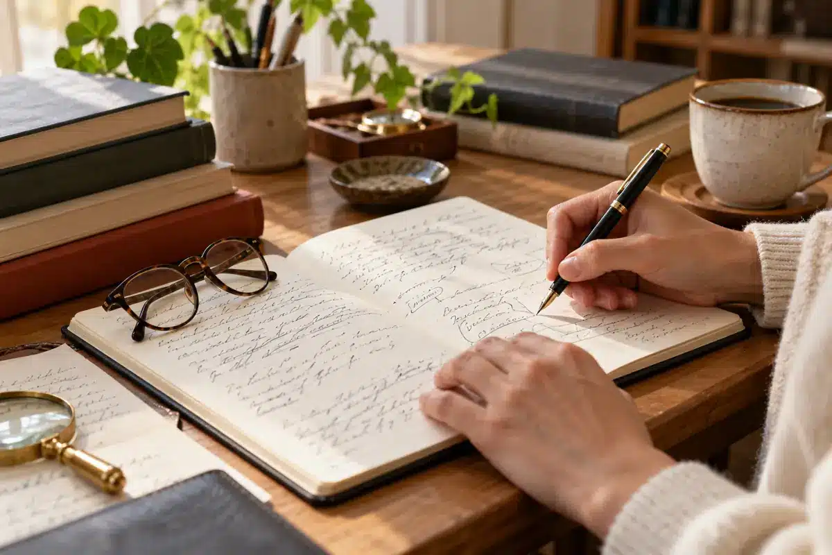 Cuaderno con notas manuscritas, gafas y libros de grafología sobre un escritorio