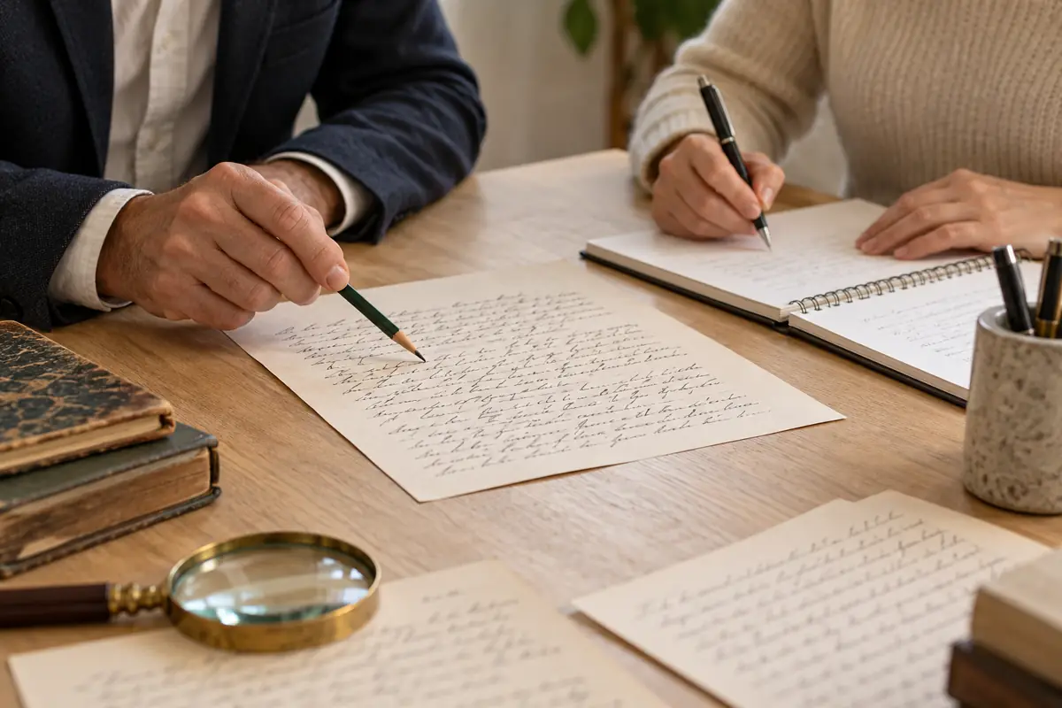 Dos personas trabajando sobre un manuscrito durante una sesión de formación en grafología