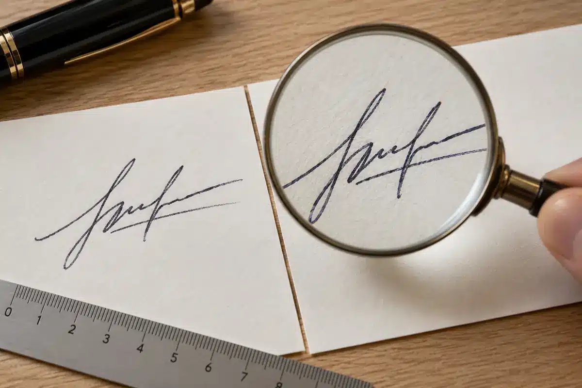 Cotejo de dos firmas manuscritas con lupa y regla