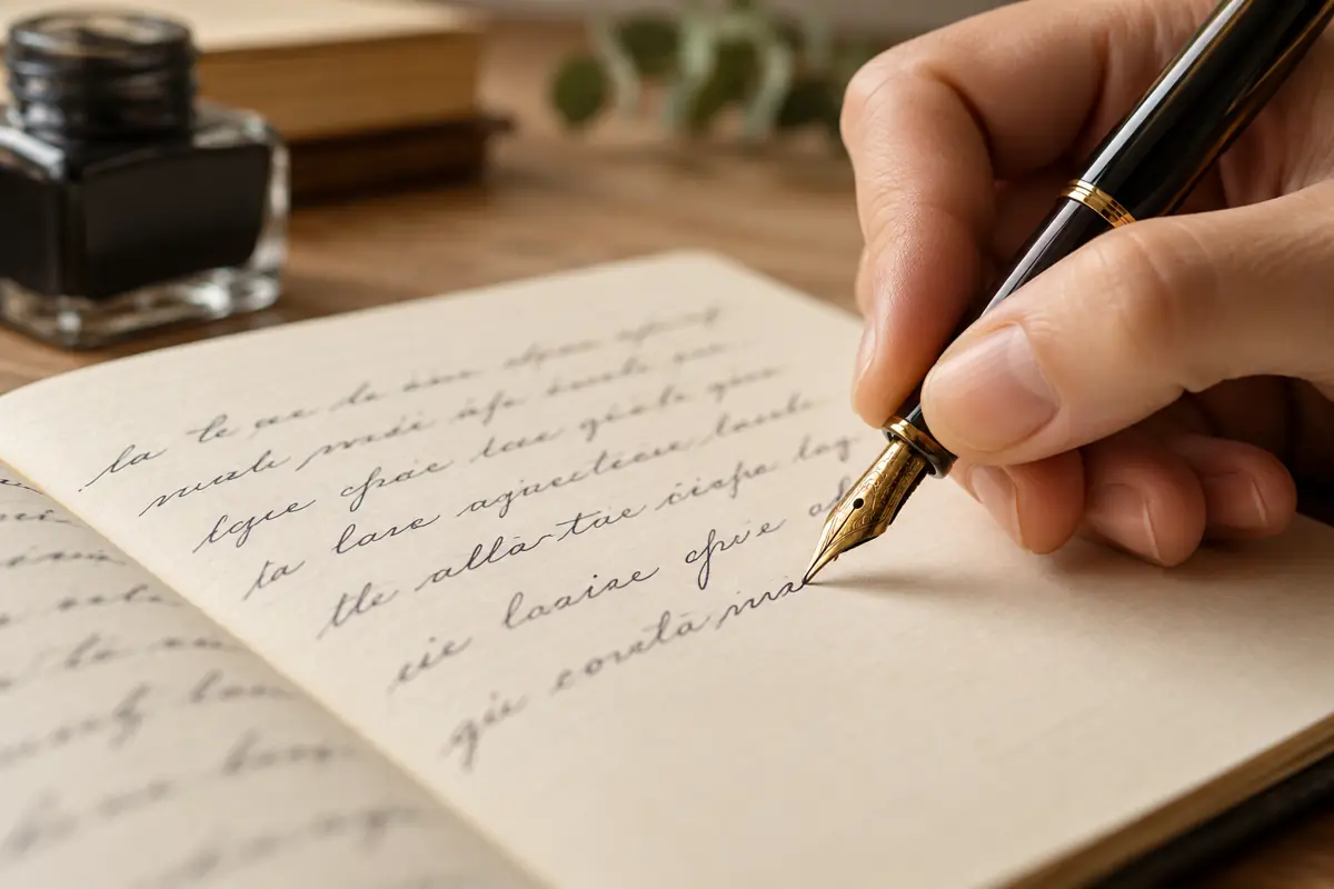 Mano escribiendo con pluma estilográfica en un cuaderno, junto a un tintero