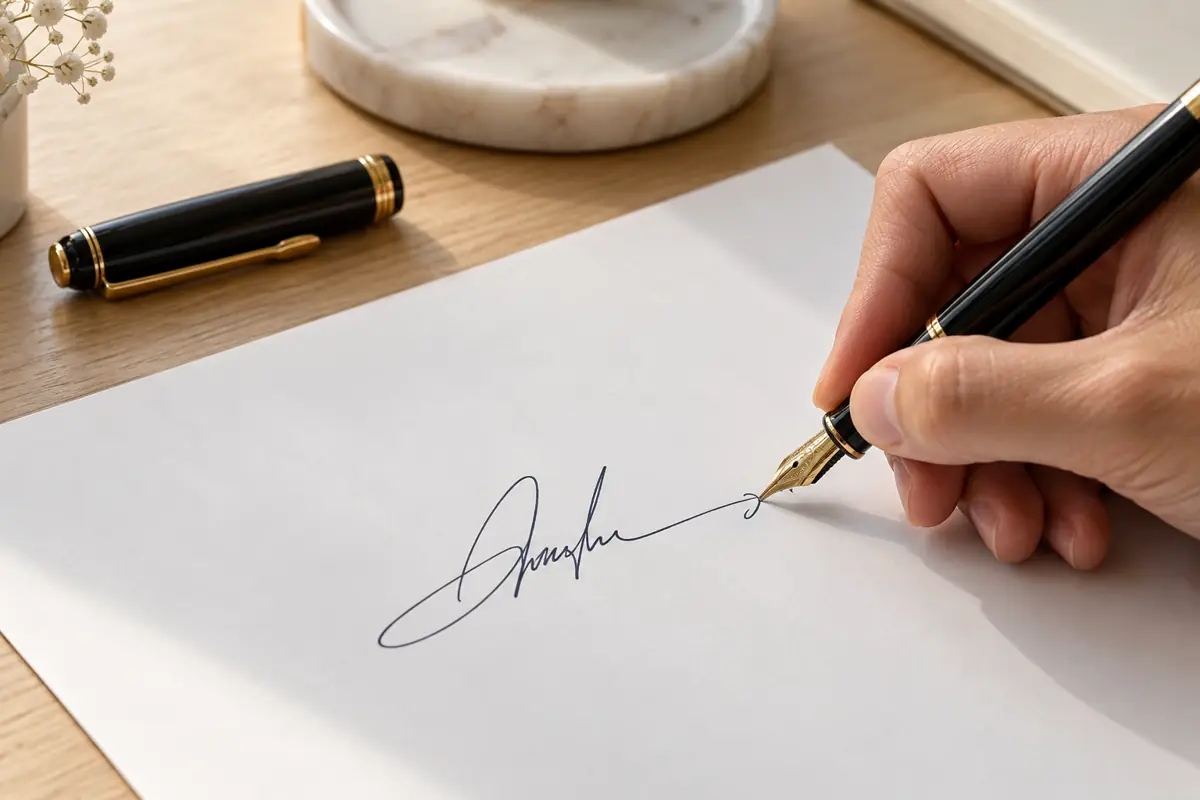 Mano firmando un documento con pluma estilográfica