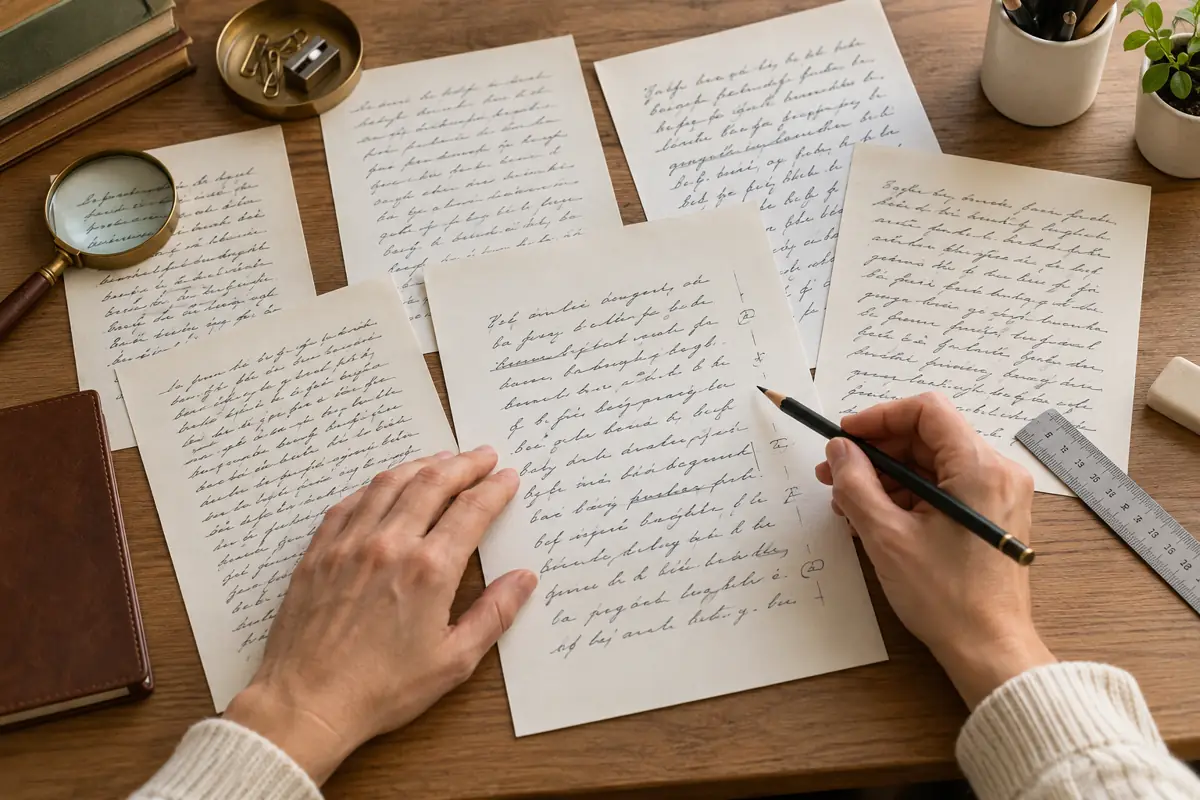 Manuscritos sobre una mesa con anotaciones de estudio, lupa y lápiz