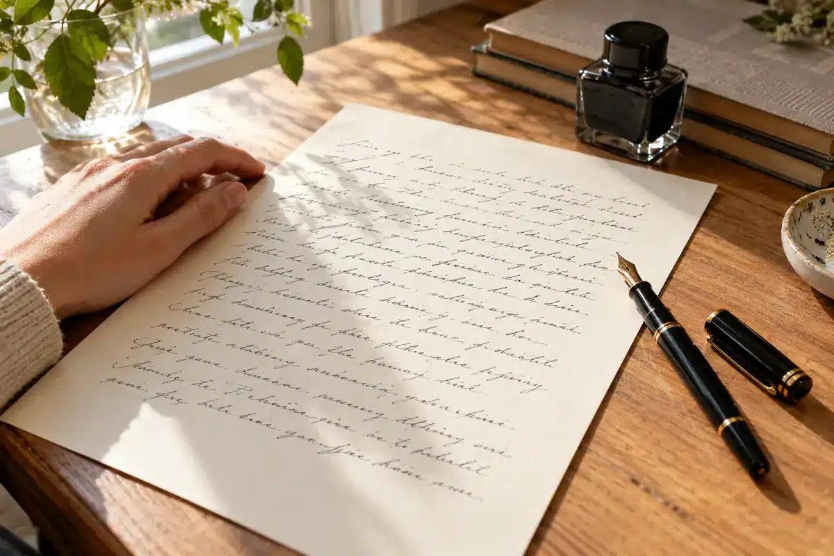 Carta manuscrita con pluma estilográfica sobre un escritorio de madera